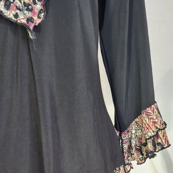 Jaipur Y2K Black Maroon Black Tan Animal Print Ruffle Neck Sequin LS Top Size XL - Picture 6 of 16